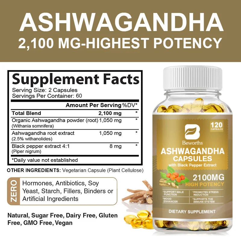 BEWORTHS Ashwagandha Root Extract Capsule Help Sleep Improve Sleep Quality Calm Down Emotions Relieve Anxiety Mood Health Oasis Select