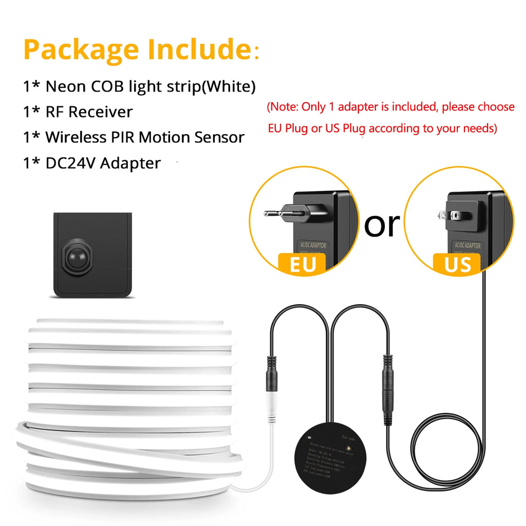 24V Wireless PlR Motion Sensor COB LED Neon Strip NightLight for Bed Bathroom Stair Hallway Lighting 3/5/10m Solid Silicone Tape Oasis Select 10M Length 1Sensor White US