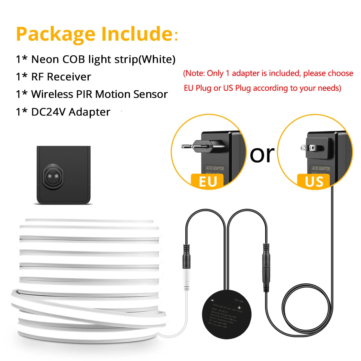 24V Wireless PlR Motion Sensor COB LED Neon Strip NightLight for Bed Bathroom Stair Hallway Lighting 3/5/10m Solid Silicone Tape Oasis Select 10M Length 1Sensor White US