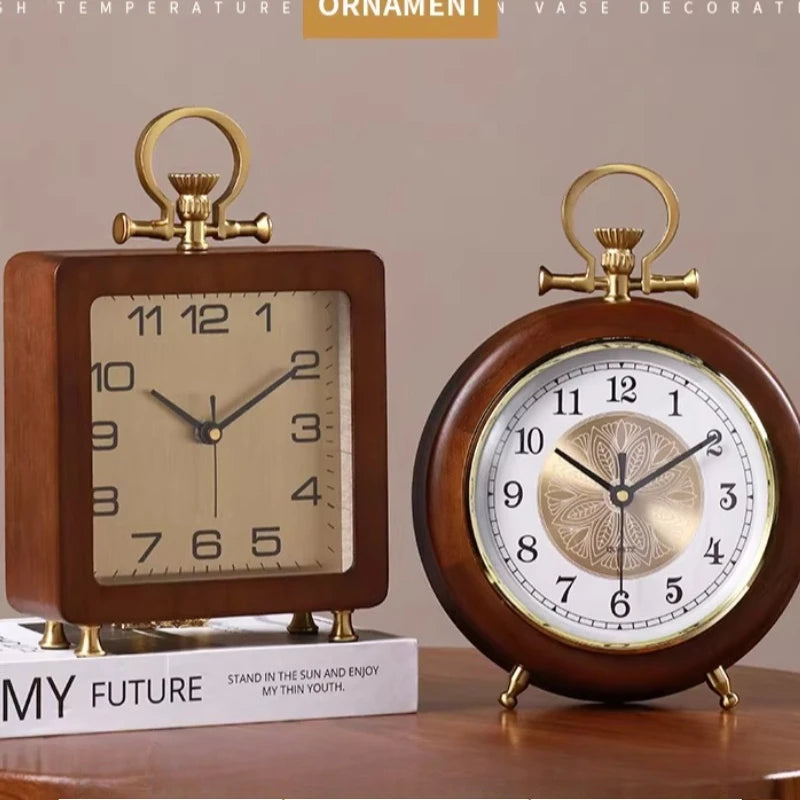 Living Room Household Solid Wood Clock Ornament Desktop New Retro High-end Sense High-end Placement Silent Clock Oasis Select
