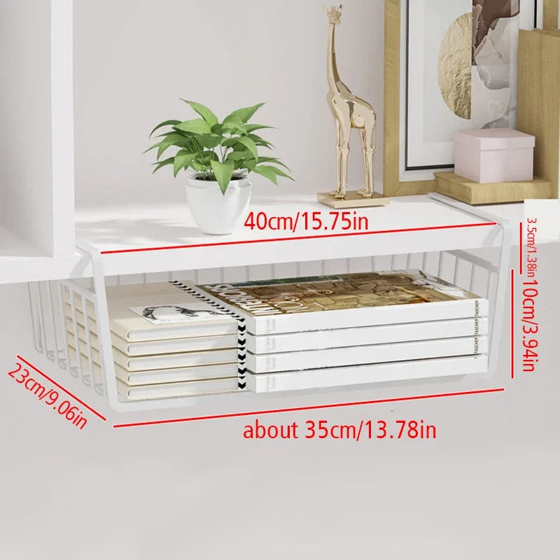 1pcs Portable Metal Iron Kitchen Shelf Under Table Hanging Net Basket Multifunctional Book Storage Rack Home Offices Organizer Oasis Select White L