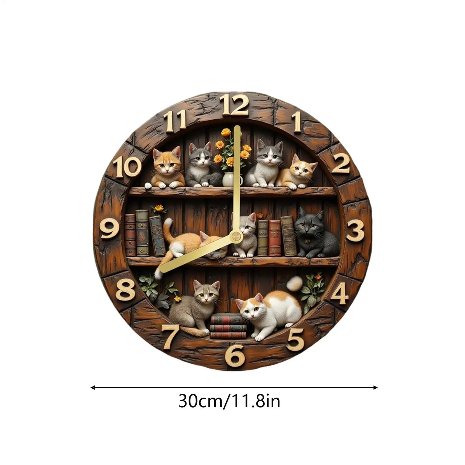 Cat Clock 11.81 Inch Cat Theme Wooden Decoration Bedroom Wall Clock for Home Living Room Bedroom Farmhouse Bar Office Library Oasis Select