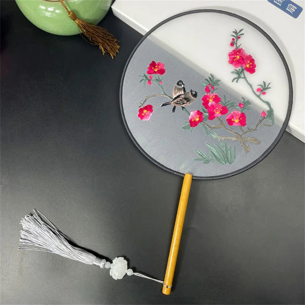 Round Double Sided Embroidery Fan Chinese Style Wooden Handle Embroidery Round Fan with Pendant Handheld Flower Silk Fan Oasis Select Style 9