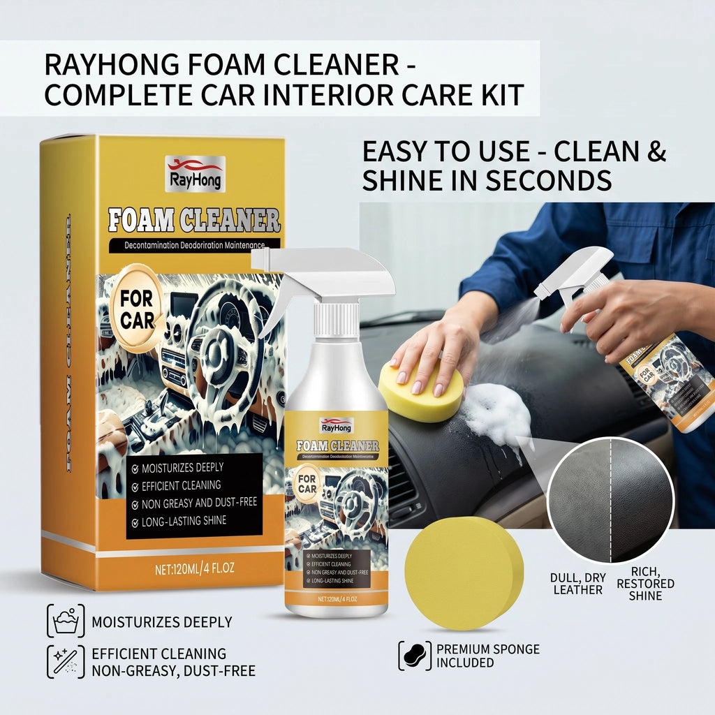 Car Foam Cleaner Spray 120ml with Sponge Stain & Odor Remover for Auto Interior/Exterior, Non-greasy Dust-Free Maintenance Spray Oasis Select