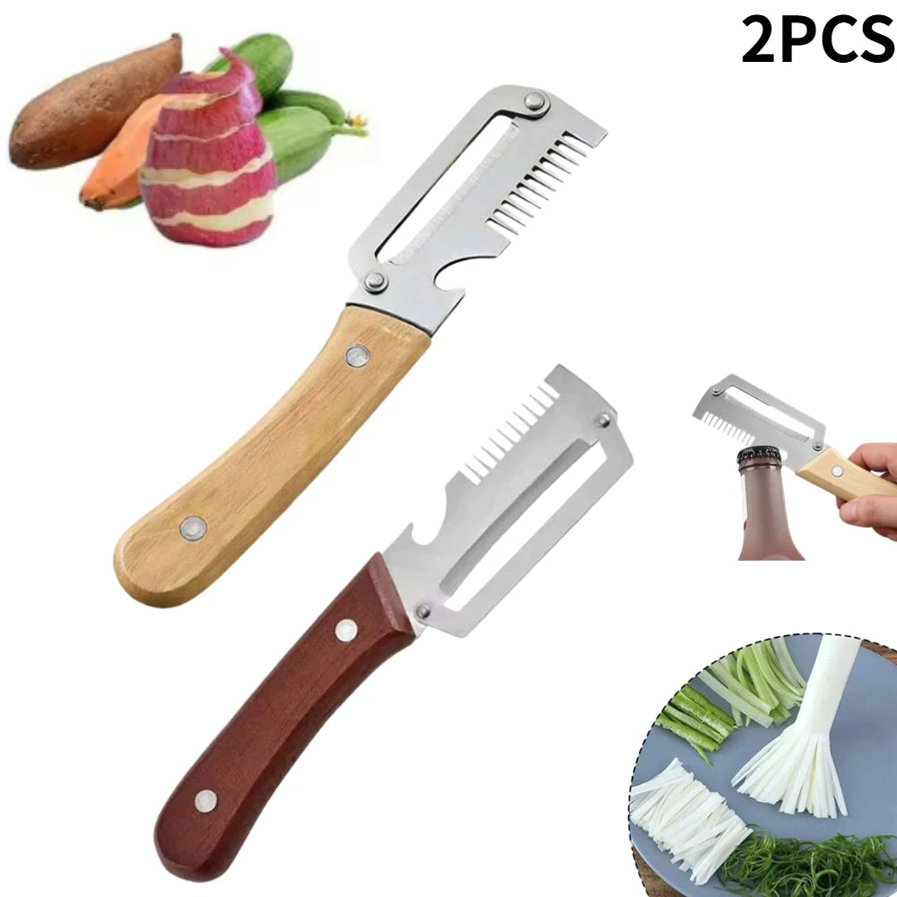 3-in-1 Multifunction Kitchen Peeler, Wooden Handle Stainless Steel Serrated Knife, Vegetable Fruit Peeler Shredder Bottle Opener Oasis Select 2 X MIXED