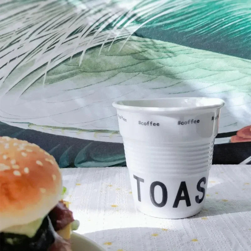 200ml Coffee Mug French Pleated Irregular White Ceramic Nordic Creative Design Wrinkle Cup Tumbler with English Letter Milk Cup Oasis Select Letter-cup 200ml