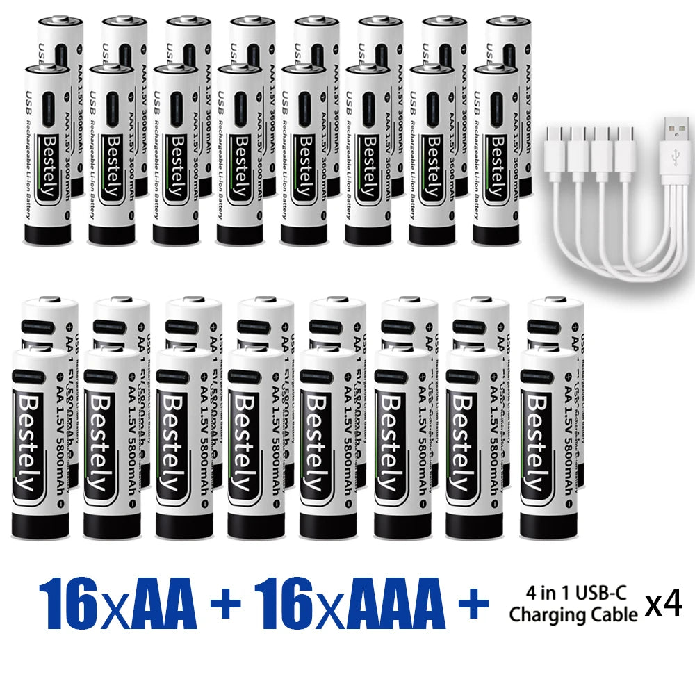 AA+AAA Rechargeable Batteries 1.5V Li-ion Battery Long-Lasting High Capacity Lithium, 2000 Cycle with Free USB-C Cables Oasis Select 16AA 16AAA
