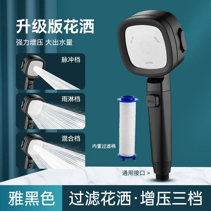 New 3 Modes High Pressure Shower Head Water Saving Shower Adjustable One-Key Stop Water Massage Sprayer Bathroom Accessories Oasis Select Black Shower