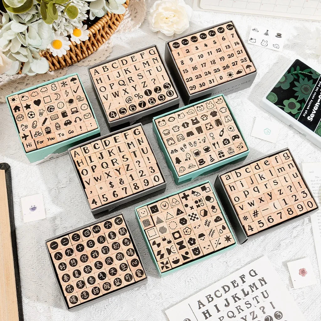 42-Piece Beech Wood Stamp Set – Letters, Numbers & Symbols