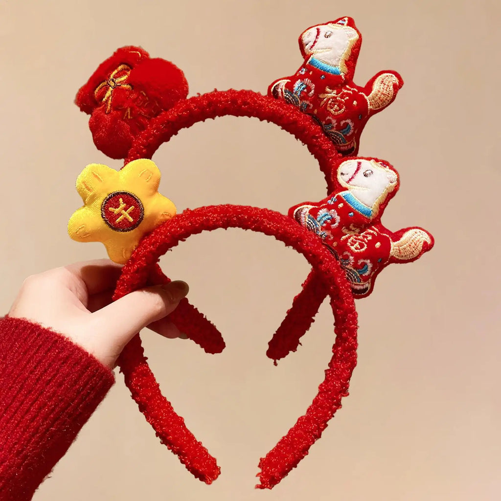Funny Cartoon Horse Headband New Year Headband Plush Pony Mascot Hair Hoop Plush Fortune Hairband Spring Festival Headband Oasis Select