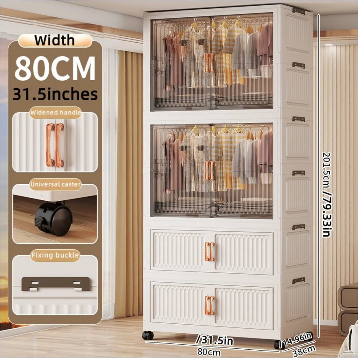 80cm Foldable Double-Door Wardrobe-No Assembly Portable Closet, Large Capacity Storage for Bedroom/Living Room (Clothes/Quilts) Oasis Select 2Large 2Small Mixed