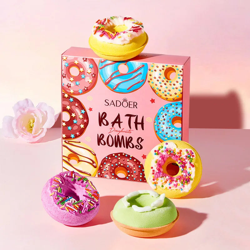 Donut Bath Bombs Set – 4pc Sea Salt & Shea Butter Fizzy Soaks