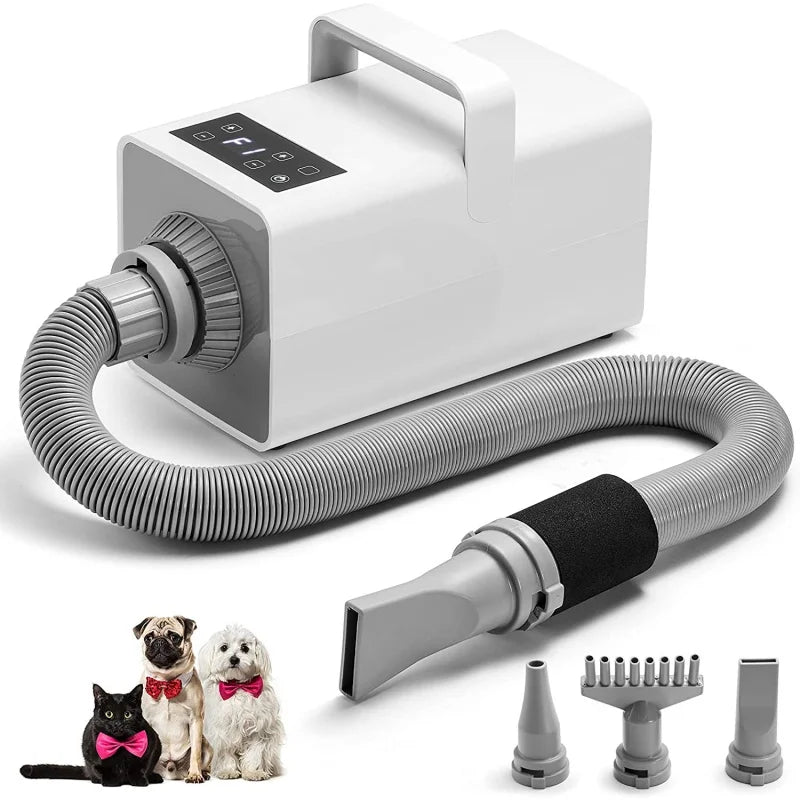 Lonic High Velocity Pet Hair Dryer 4.3HP Adjustable Heating Speed Dog Cat Blower LCD Digital Display Touch Control 4 Nozzles Oasis Select