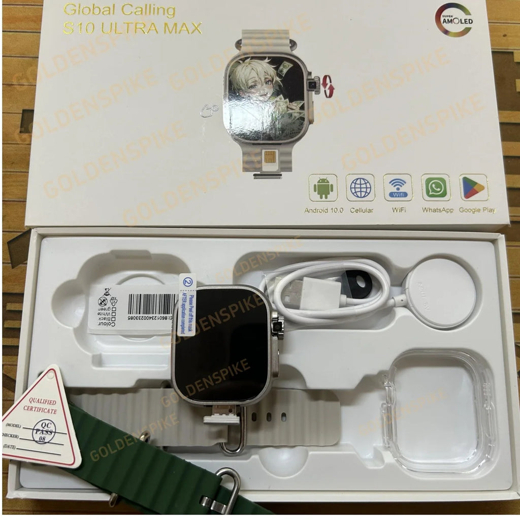 GOLDENSPIKE S10 Ultra MAX 4G Smartwatch Android Smart Watch With 448*528 180° Rotary Camera GPS WIFI Video Call NFC App Download Oasis Select Gray Add Green 32GB 256GB