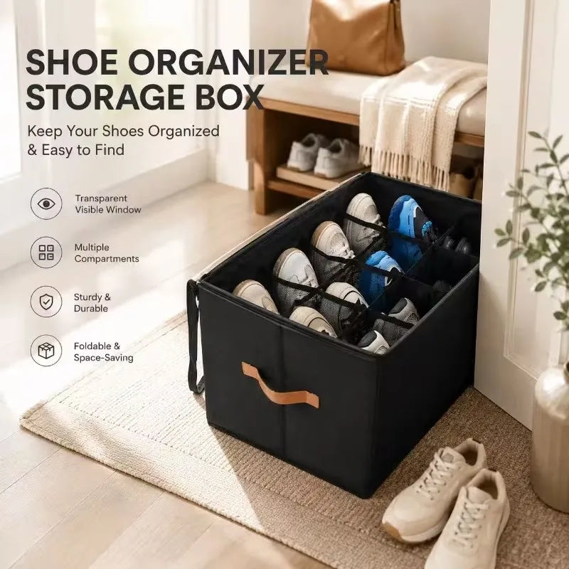 12-Grid Foldable Shoe Organizer with Clear Window and Handle , Collapsible Closet Storage Box for Shoes, Space-Saving Container Oasis Select