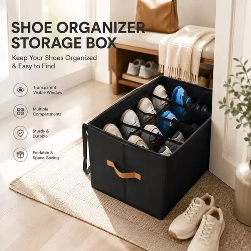 12-Grid Foldable Shoe Organizer with Clear Window and Handle , Collapsible Closet Storage Box for Shoes, Space-Saving Container Oasis Select