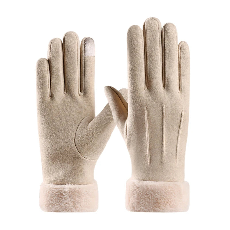 Autumn Winter Warm Suede Gloves Plus Velvet Thickened Plush Decor Cuff Gloves Outdoor Coldproof Touchscreen Riding Ski Gloves Oasis Select Beige