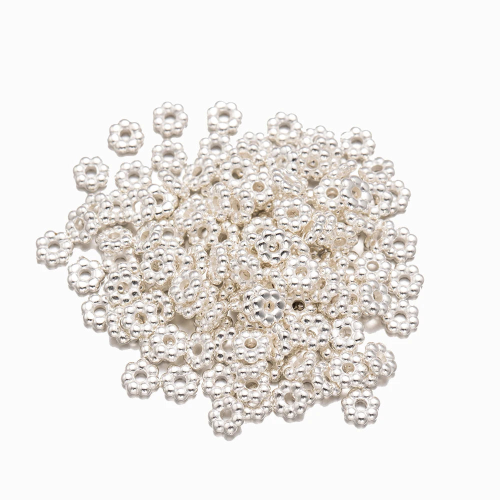 500pcs/Lot 4mm Flower Spacer Loose Beads for DIY Bracelet Necklace Jewelry Making Supplies Findings Accessories Materials Crafts Oasis Select Silver
