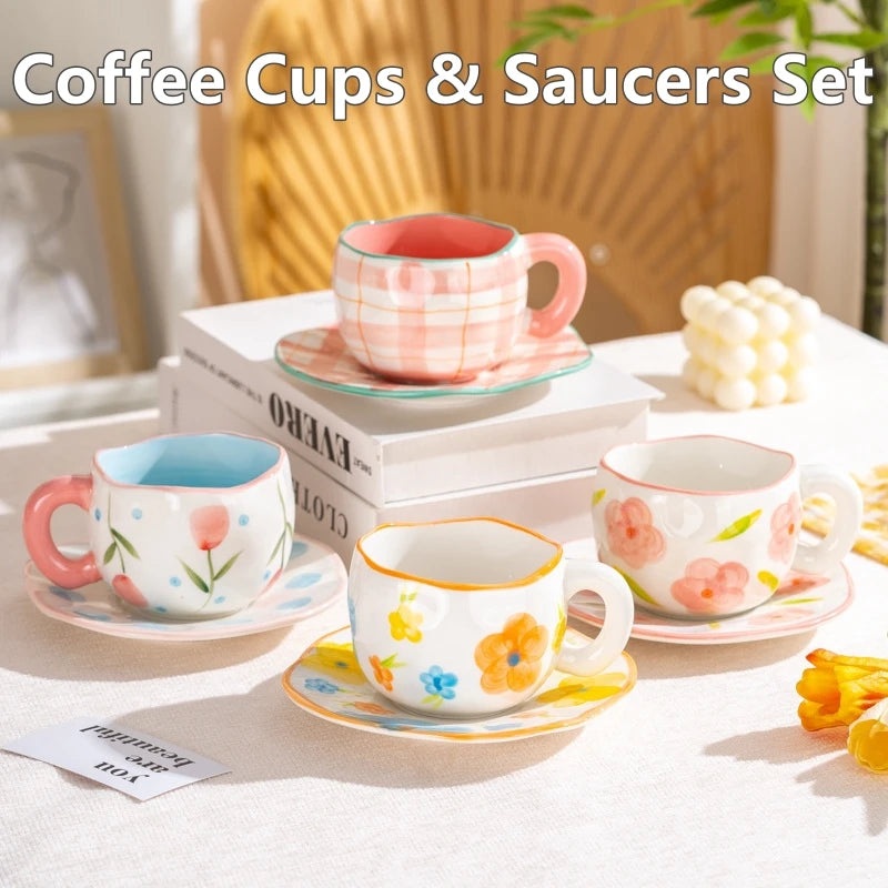 Ceramic Mugs & Saucers Set Coffee Cups Hand Pinched Irregular Flower Milk Tea Cup Ins Style Oatmeal Breakfast Mug Drinkware Oasis Select