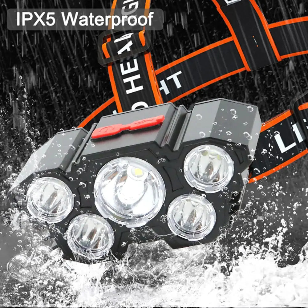 5 LED USB Rechargeable Headlamp – 4 Modes, Waterproof, 10W