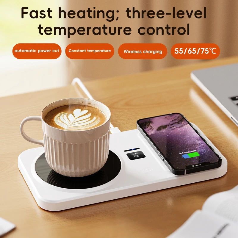 2-in-1 Wireless Charger & Heated Cup Mat – 3 Temp Settings