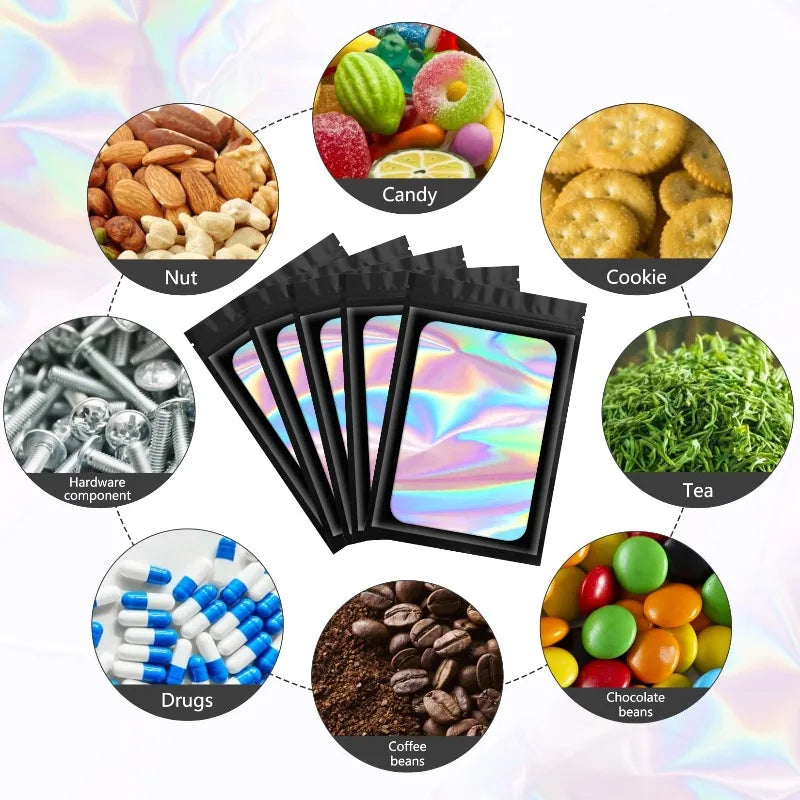 500Pcs Holographic Ziplock Bags Plastic Laser Iridescent Zip Bags for Manicure Eyelash Display Earrings Ring Jewelry Storage Bag Oasis Select