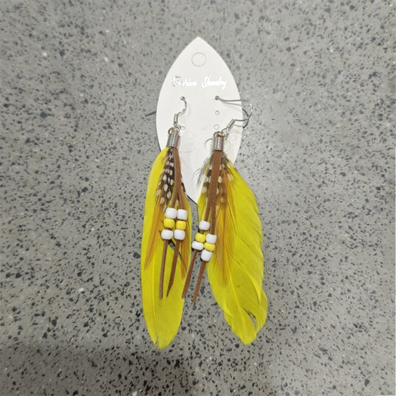 Tassel Dangling Earrings Colorful Feather Leather Beads Earrings Indian Feathers Summer Womens Fashion Jewelry Oasis Select MR-02