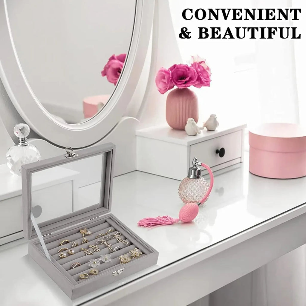 1pc,Ring storage box, soft velvet jewelry storage tray with transparent lid, earring and jewelry display box Oasis Select