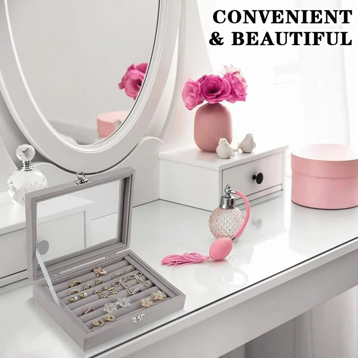 1pc,Ring storage box, soft velvet jewelry storage tray with transparent lid, earring and jewelry display box Oasis Select