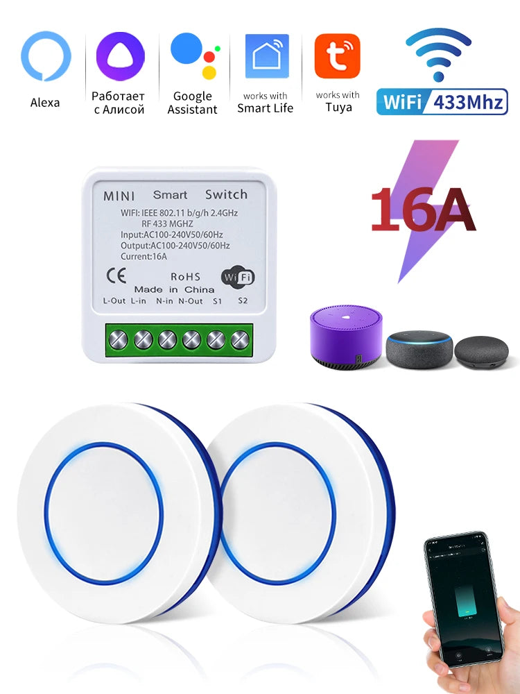 Tuya WiFi Smart Light Switch 16A 433MHz Wireless Remote Control Relay Controller Voice Control Works With Alexa Google Home Oasis Select 1Receiver 2Switch