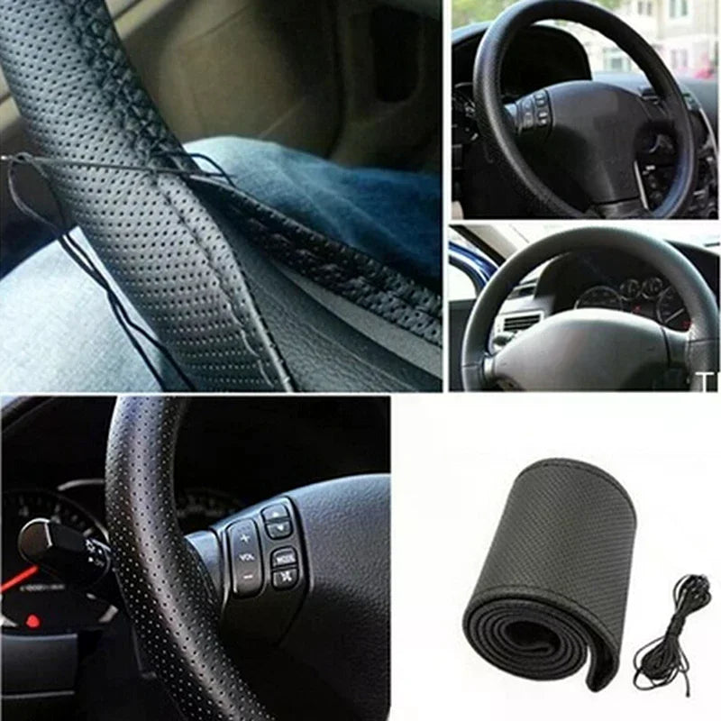 New Car Truck Leather Steering Wheel Cover With Needles and Thread Black DIY Oasis Select