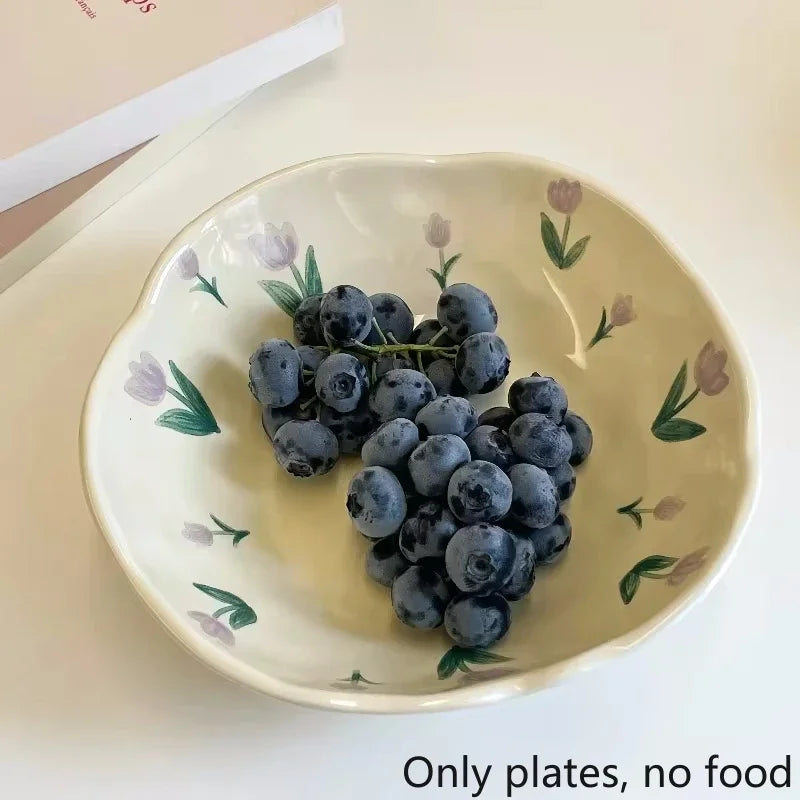 1PCS Ceramic Salad Bowl Hand Pinched Irregular Ins Korean Style Cream Yellow Yogurt Bowl Oatmeal Breakfast Plates Flower Bowl Oasis Select Purple