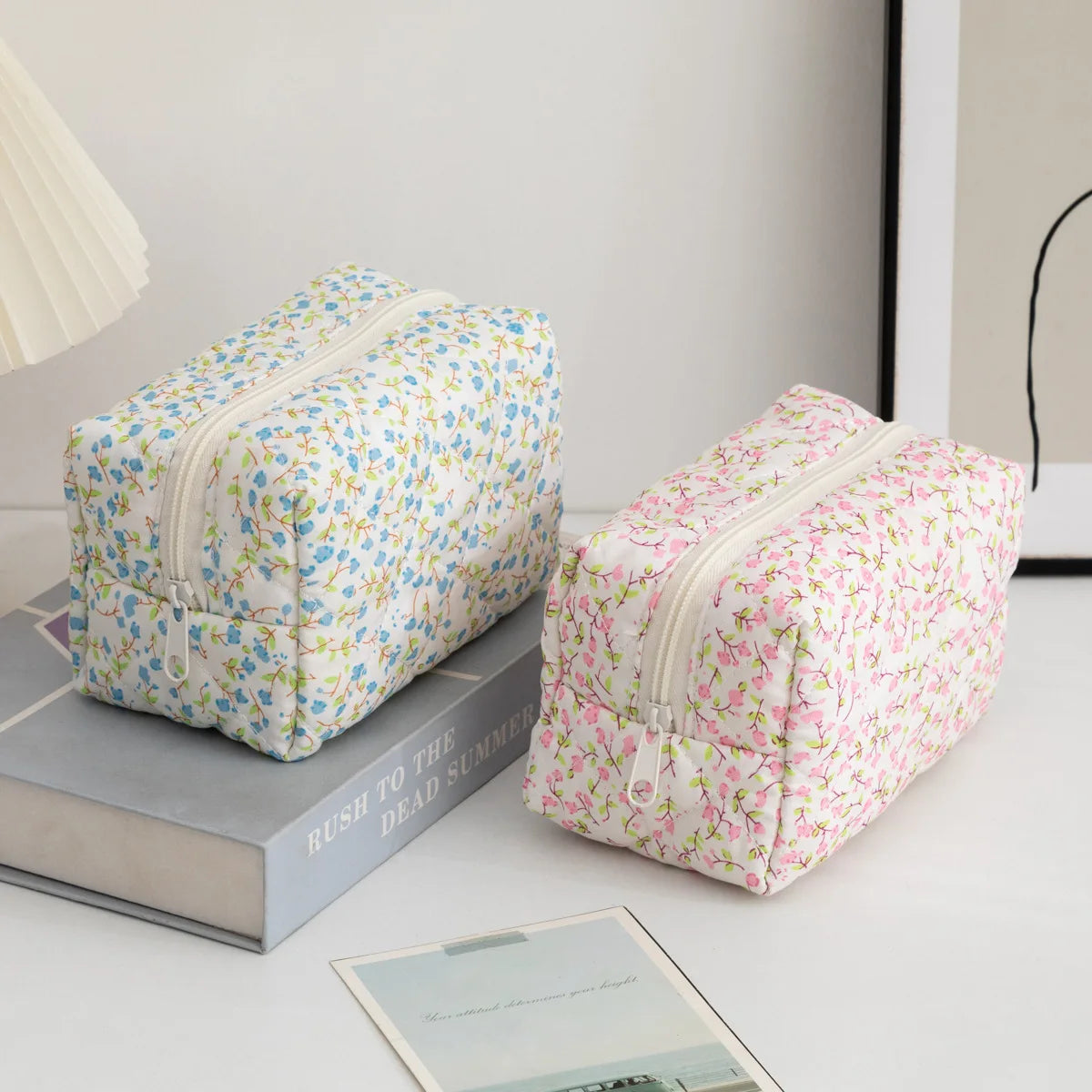 Floral Puffy Quilted Large Makeup Bag Travel Cosmetic Pouch Flower Printed Storage Organizer Makeup Accessory Oasis Select