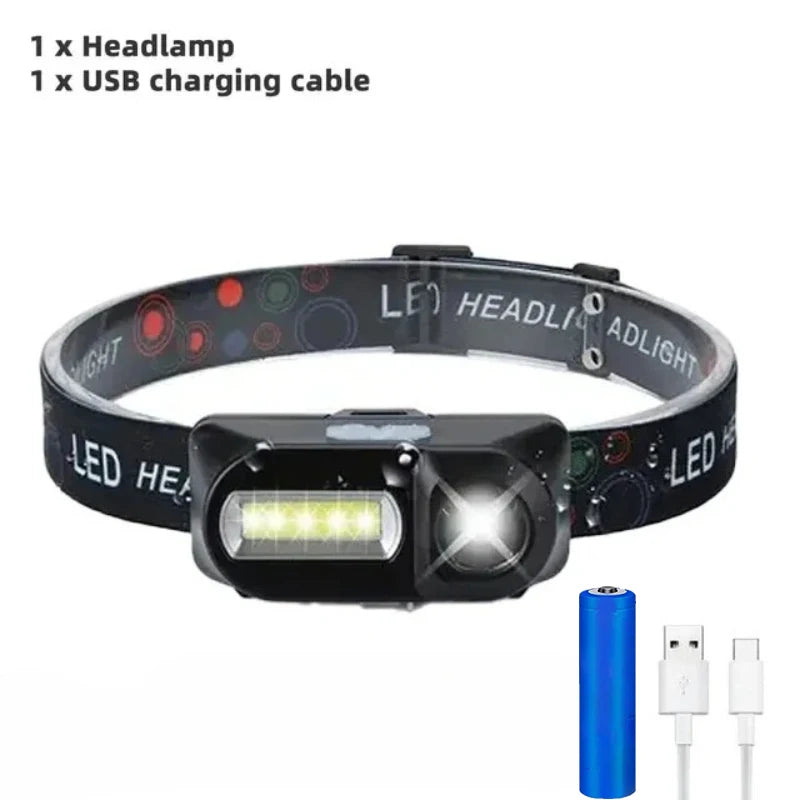 Powerful Portable XPE+COB Headlamp LED Head Flashlight Type-C Rechargeable Outdoor Waterproof Fishing Camping Hiking Headlight Oasis Select With battery
