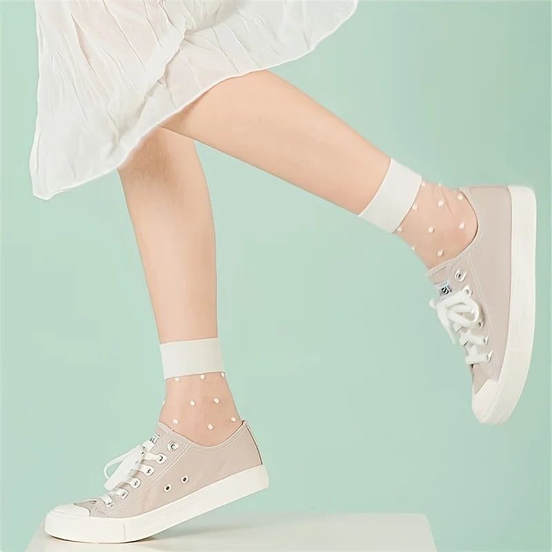 5 Pairs (10pcs) Breathable Polka Dot Glass Women'S Socks, Candy Color Summer Socks, Fashionable Polka Dot Decoration Socks Oasis Select