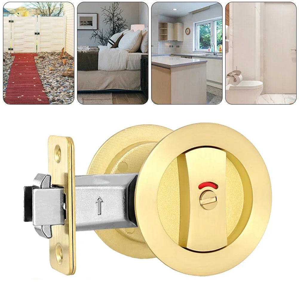 Flush Pocket Door Lock Zinc Alloy Gold Color with Privacy Indicators Contemporary Round Design for Residential Doors Oasis Select
