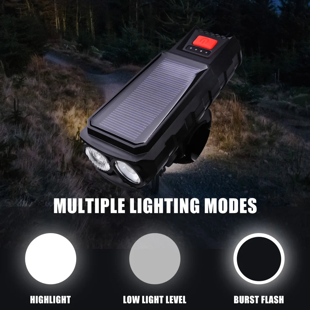Solar Bicycle Front Light TYPE-C Rechargeable MTB Road Bike Front Light Flashlight 120dB with Horn Flashlight Bicycle Light Oasis Select