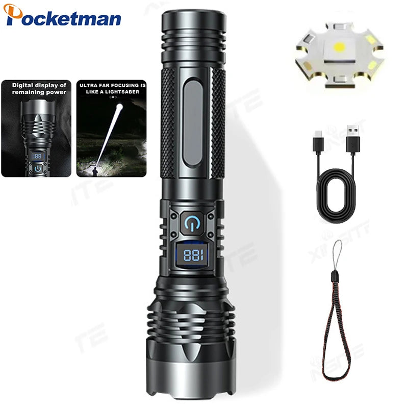 High Power LED Flashlight Aluminum Head Heat Dissipation Telescopic Zoom Torch USB Rechargeable Flashlights with Digital Display Oasis Select Include USB Charger