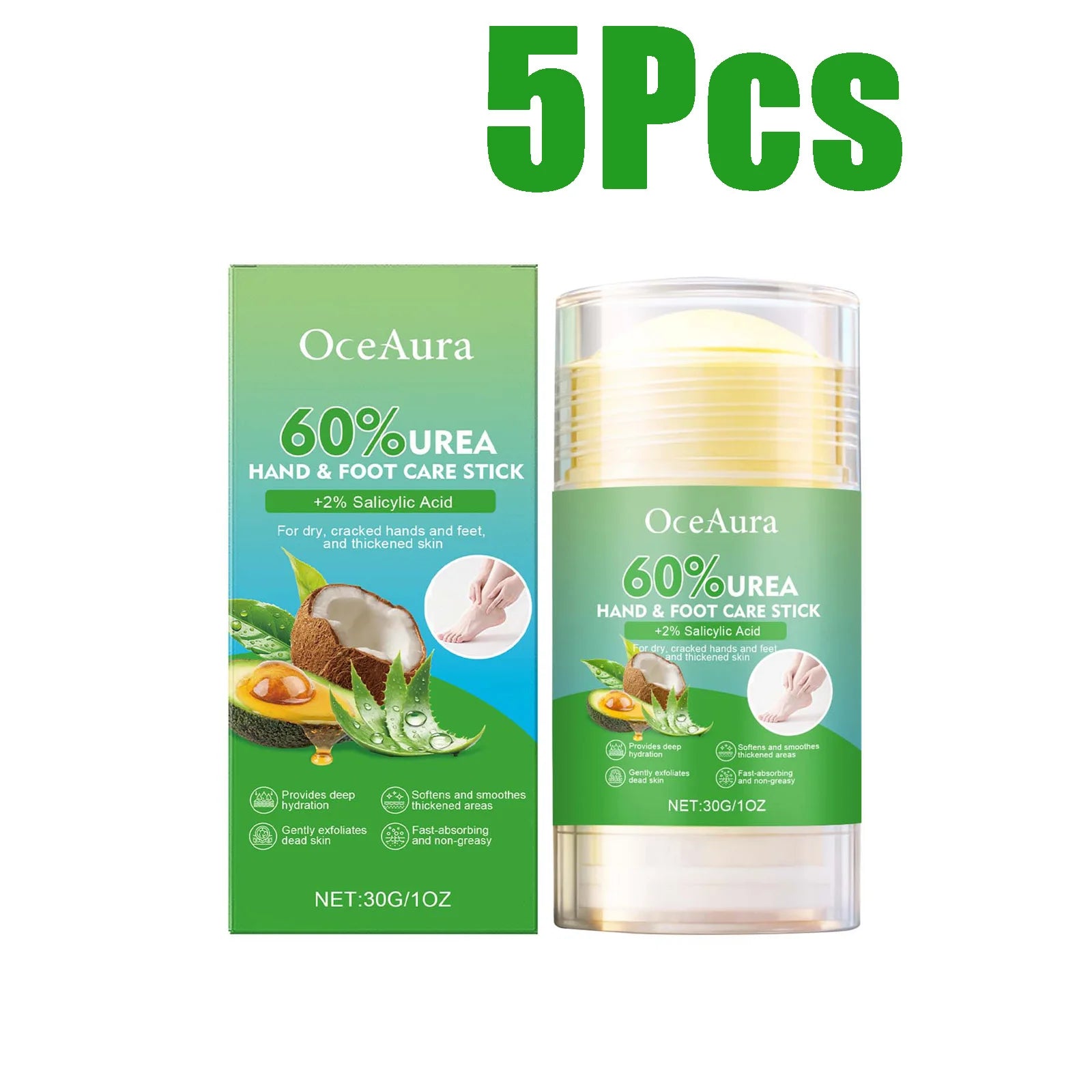 60% Urea Hand & Foot Care Stick Moisturizing Balm for Dry Rough Skin Gentle Exfoliation Softening Skin Cracked Heel Repair Care Oasis Select 5 x 30g Boxed