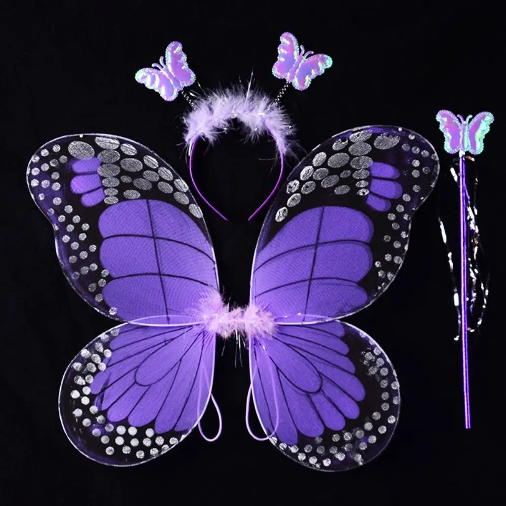 Simulation Butterfly Wings Pointed Tutu Skirt Headband Wand Adult Kids 3/4Pcs Fairy Costume Set Princess Girls Party Gift Oasis Select Purple-3 pcs-set