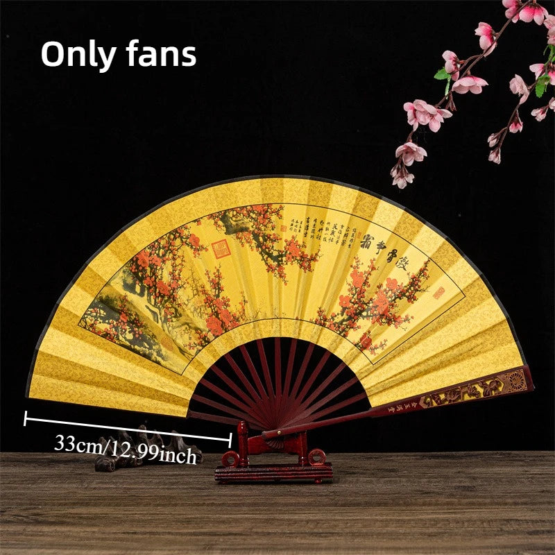 Premium Chinese Style Folding Fan Head Bamboo Double-Sided Silk Fabric Intricate Carved & Hollow Men's Fan Oasis Select 10inch plum blossom