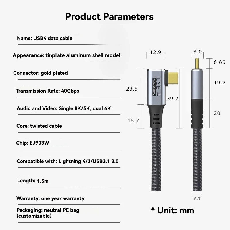 Hot Sale 4 USB C To Type C Cable 8K60Hz Video PD100W USB4 Fast Charging 40Gbps Data Transfer FOR Xiaomi For Macbook Oasis Select 1.5m