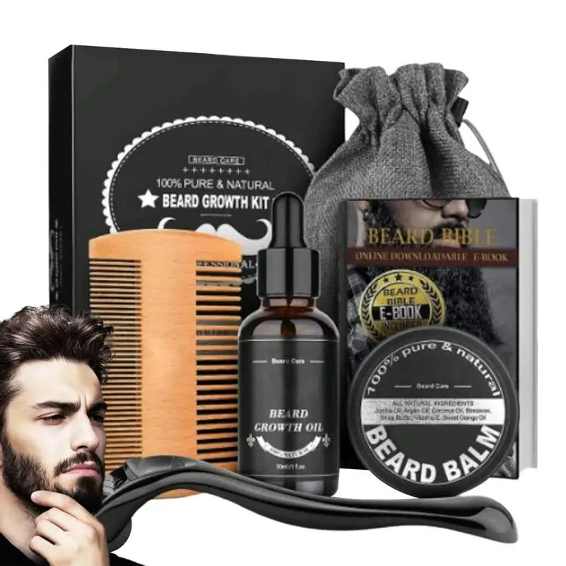 5pcs Men Beard Barba Grooming Beard Set Beard Growth oil Men Hair Enhancer Thicker Mustache Grooming Beard Care Oil comb bag Oasis Select