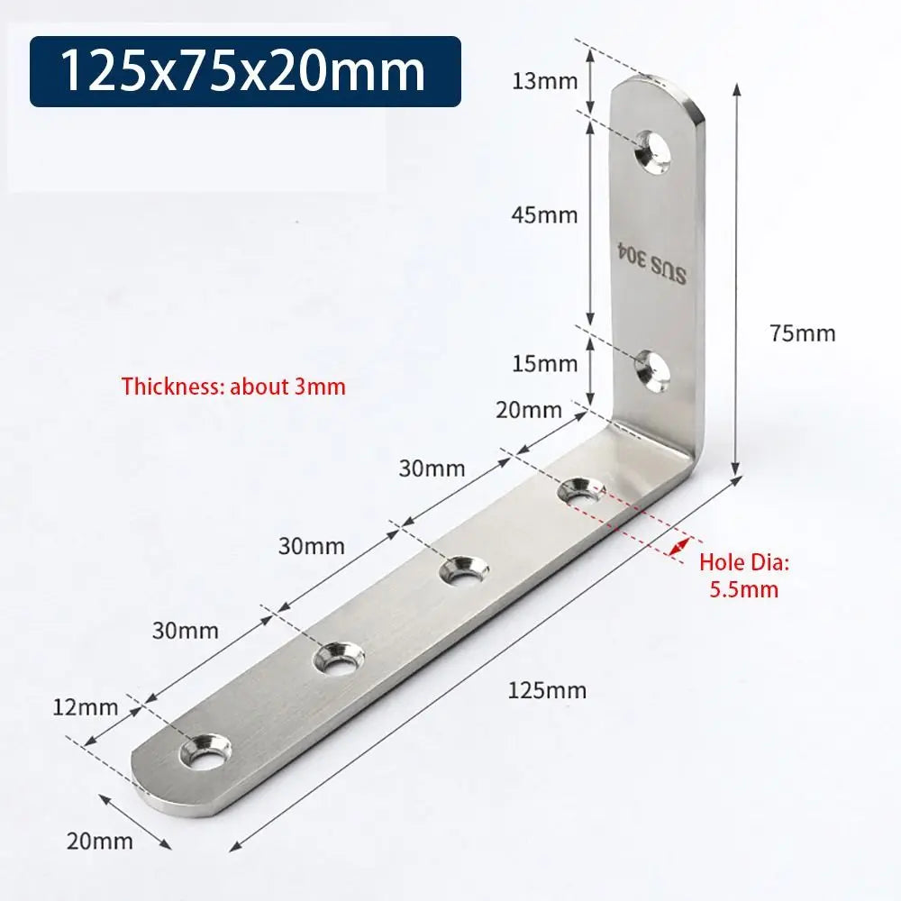 1Pcs Cabinet Screens Wall Angle Bracket Furniture Fastener SUS304 Stainless Steel Corner Brace Joint L Shape Oasis Select 125x75x20mm