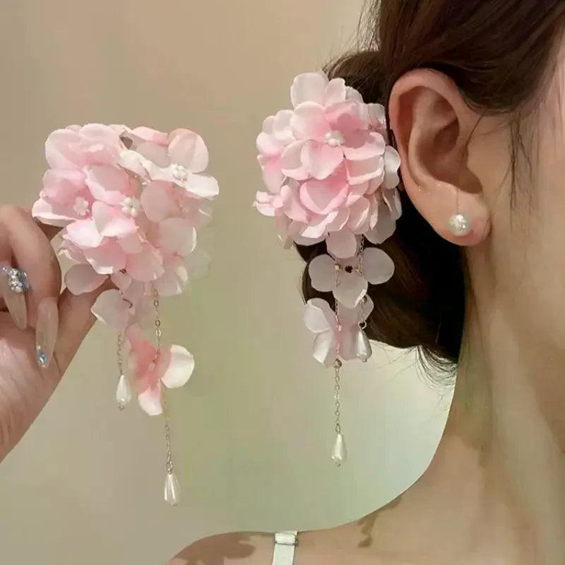 Fabric Flower Tassel Pearl Hair Clips – Women & Girls