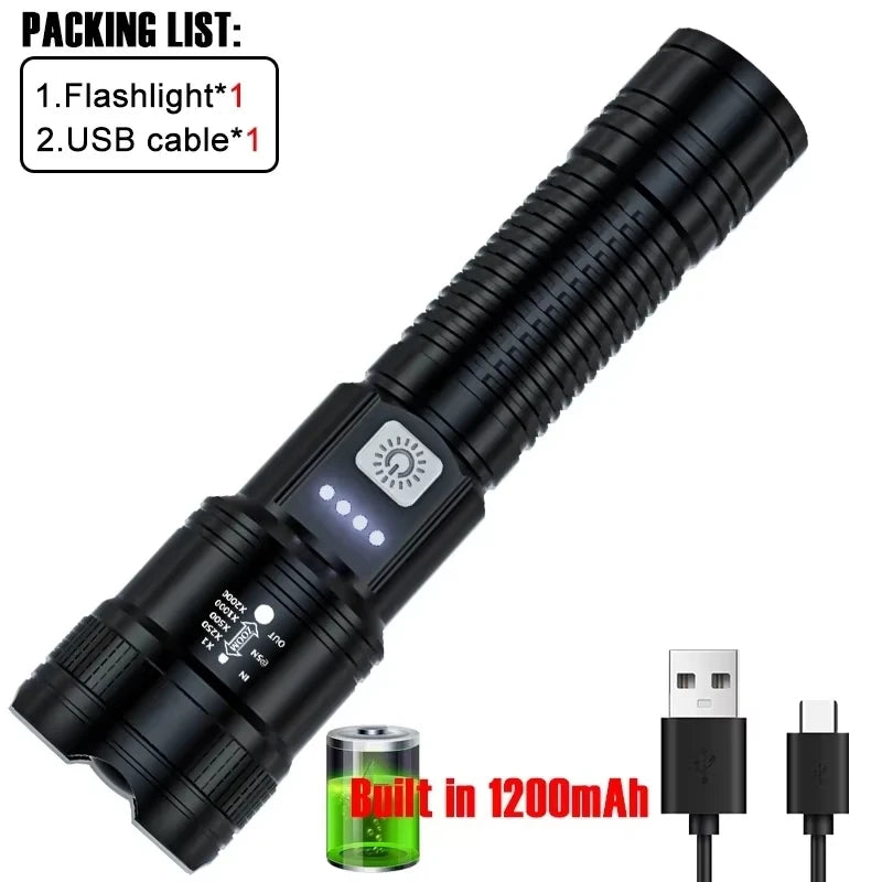 2000LM Zoomable Tactical LED Flashlight – USB Rechargeable Power Bank