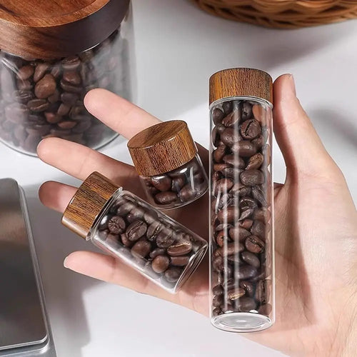 6PCS 10/20/30 ML Wooden Lid Mini Glass Bottles Transparent Sealed Small Spice Jars Food Grade Golden Bean Bottle Oasis Select