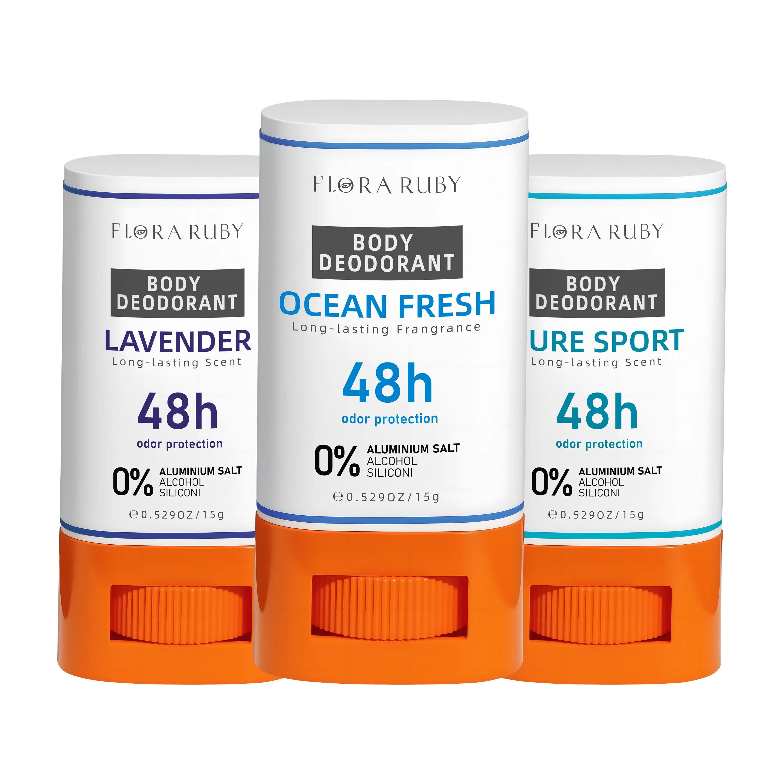 Flora Ruby 3-Pack Aluminum-Free Deodorant Sticks (15g Each) - 48H Odor Protection, Compact & Travel-Friendly Oasis Select Set1