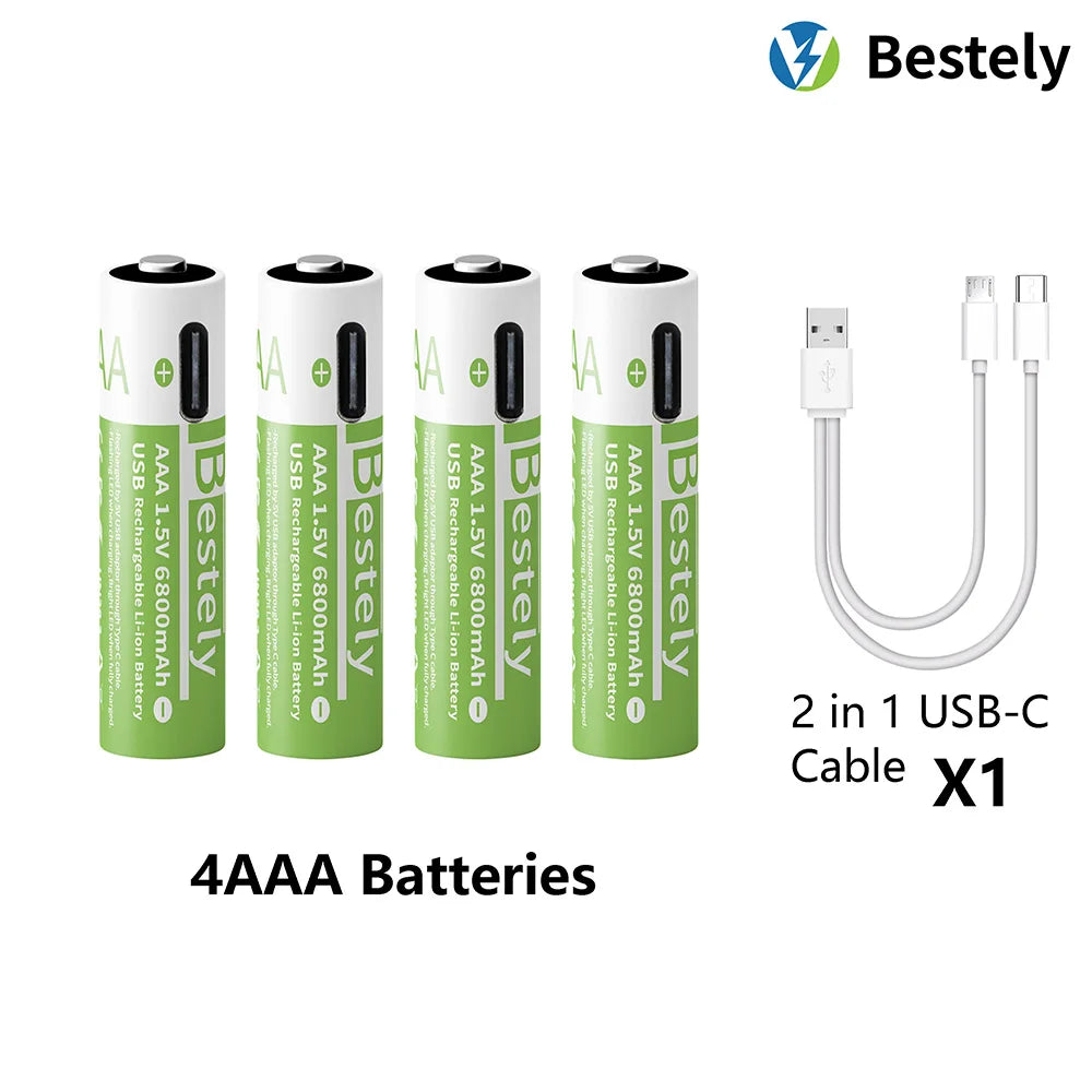 AAA Battery Rechargeable 2000+ Cycles 1.5V 6800mAh Li-ion Type-C Charging Triple Safety Long-Lasting Power Batteries Oasis Select 4 pcs AAA Batteries
