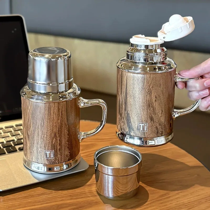 Wood Grain Insulated Water Bottle with Handle Removable Drinking Lid Portable Heat Retention Flask for Office Travel Daily Oasis Select
